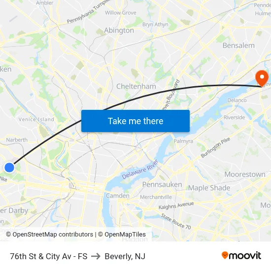 76th St & City Av - FS to Beverly, NJ map