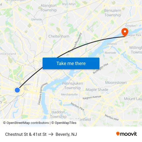 Chestnut St & 41st St to Beverly, NJ map