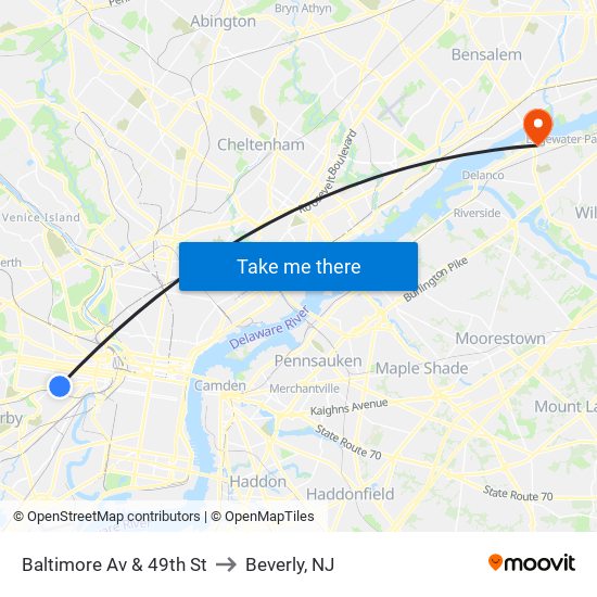 Baltimore Av & 49th St to Beverly, NJ map