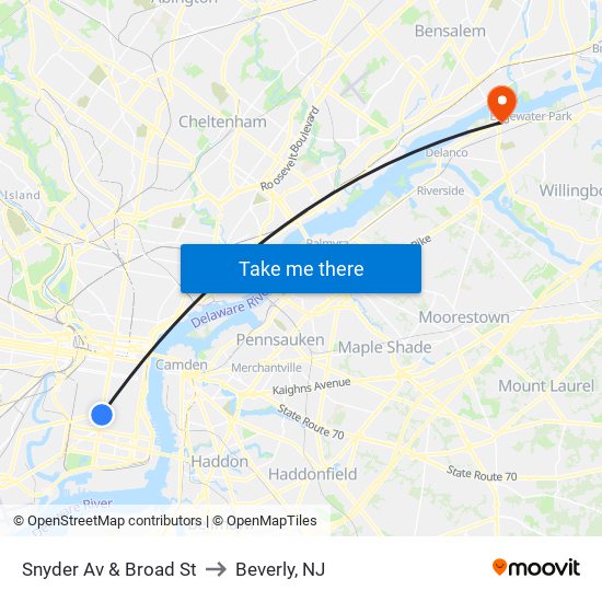 Snyder Av & Broad St to Beverly, NJ map