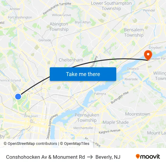 Conshohocken Av & Monument Rd to Beverly, NJ map