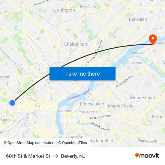 60th St & Market St to Beverly, NJ map