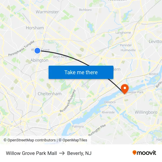 Willow Grove Park Mall to Beverly, NJ map
