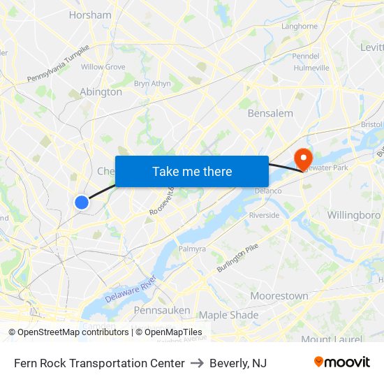 Fern Rock Transportation Center to Beverly, NJ map