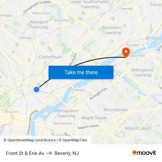 Front St & Erie Av to Beverly, NJ map