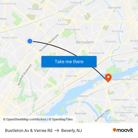 Bustleton Av & Verree Rd to Beverly, NJ map