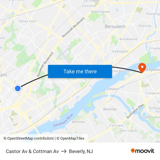Castor Av & Cottman Av to Beverly, NJ map