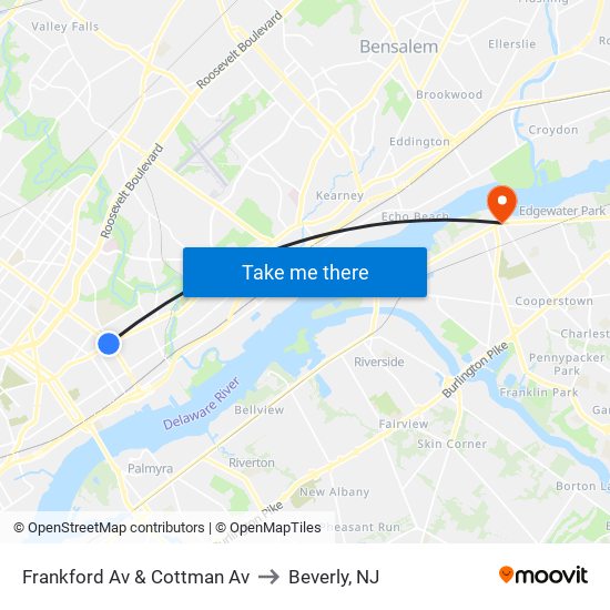 Frankford Av & Cottman Av to Beverly, NJ map