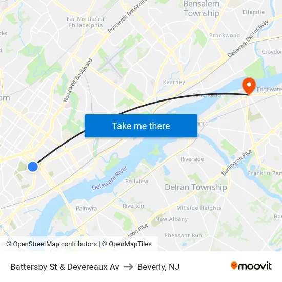 Battersby St & Devereaux Av to Beverly, NJ map