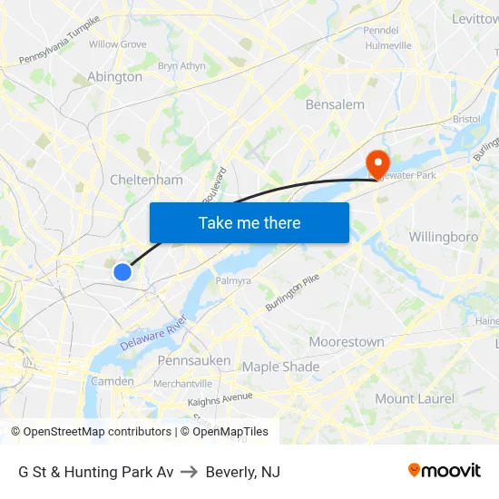 G St & Hunting Park Av to Beverly, NJ map