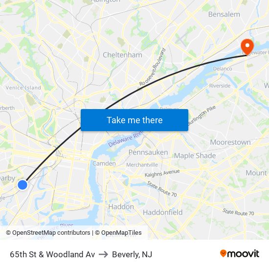 65th St & Woodland Av to Beverly, NJ map