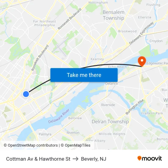 Cottman Av & Hawthorne St to Beverly, NJ map