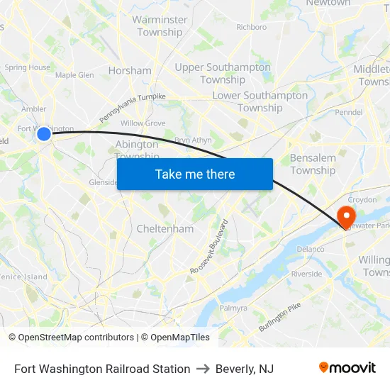 Fort Washington Railroad Station to Beverly, NJ map