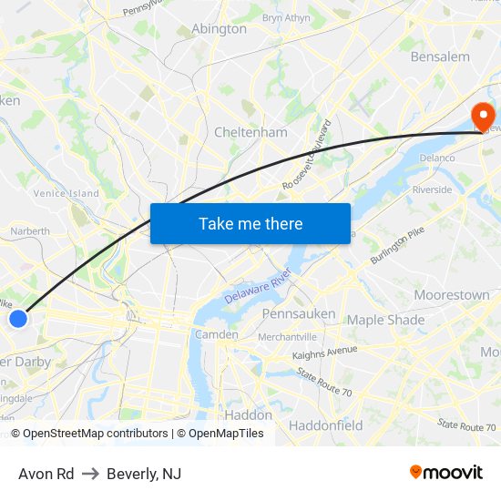 Avon Rd to Beverly, NJ map