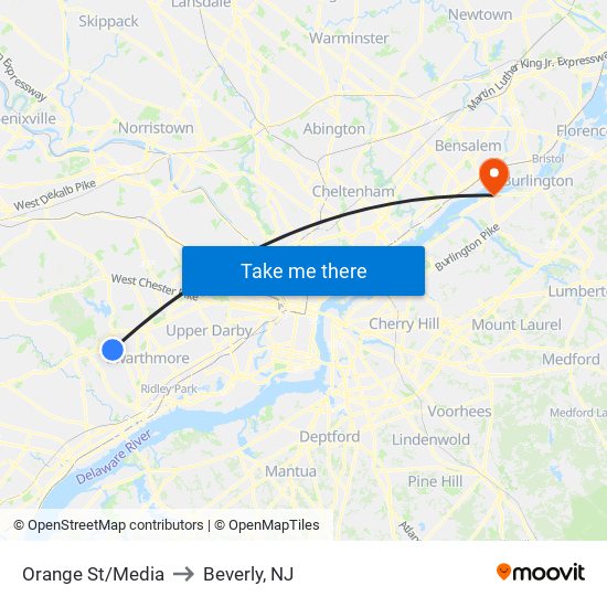 Orange St/Media to Beverly, NJ map