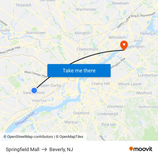Springfield Mall to Beverly, NJ map