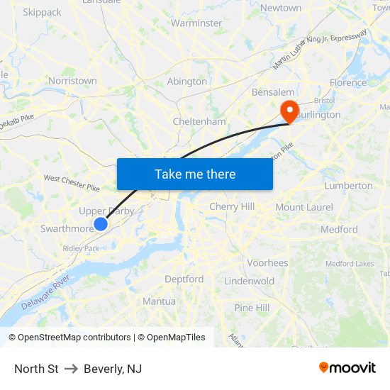 North St to Beverly, NJ map