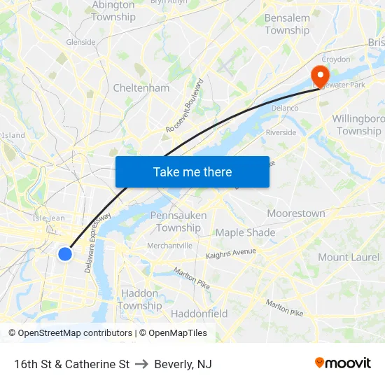 16th St & Catherine St to Beverly, NJ map