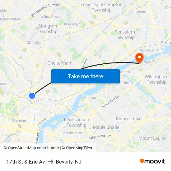 17th St & Erie Av to Beverly, NJ map