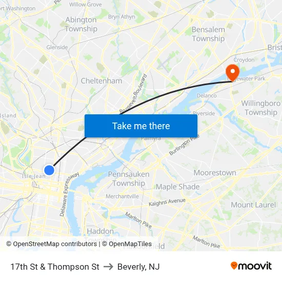 17th St & Thompson St to Beverly, NJ map