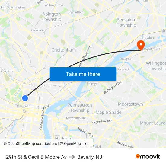 29th St & Cecil B Moore Av to Beverly, NJ map