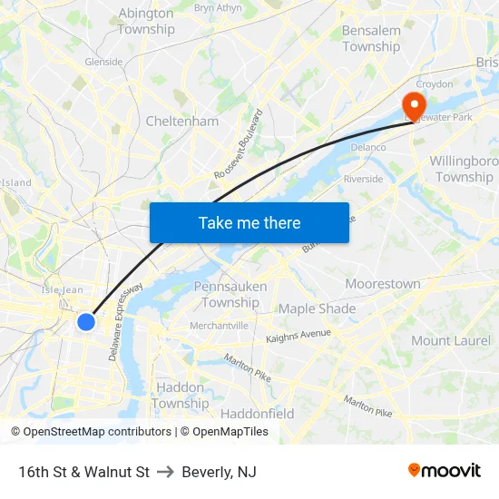 16th St & Walnut St to Beverly, NJ map