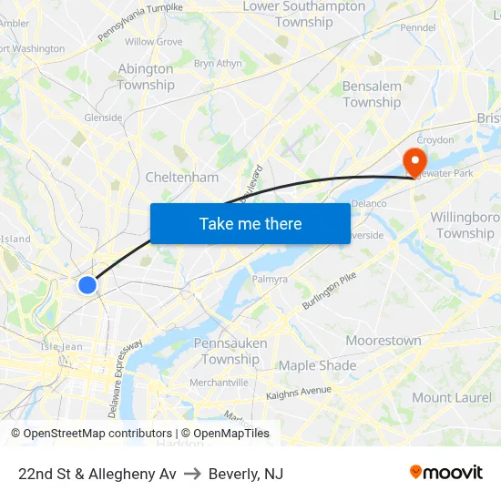 22nd St & Allegheny Av to Beverly, NJ map