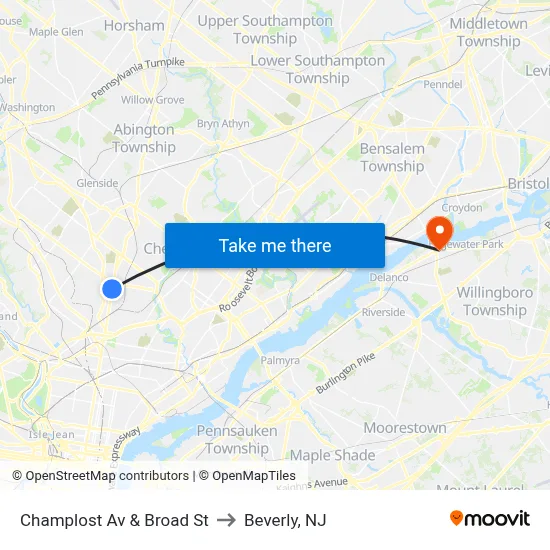 Champlost Av & Broad St to Beverly, NJ map