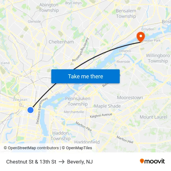 Chestnut St & 13th St to Beverly, NJ map