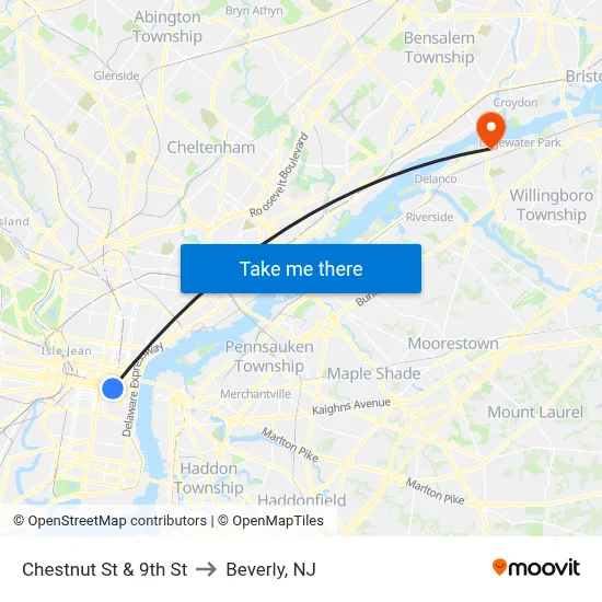 Chestnut St & 9th St to Beverly, NJ map