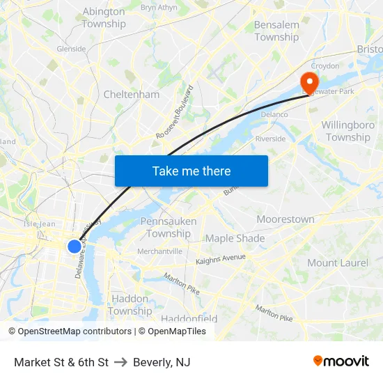 Market St & 6th St to Beverly, NJ map