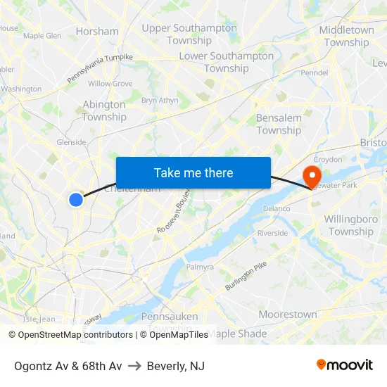 Ogontz Av & 68th Av to Beverly, NJ map