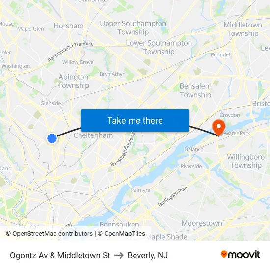 Ogontz Av & Middletown St to Beverly, NJ map