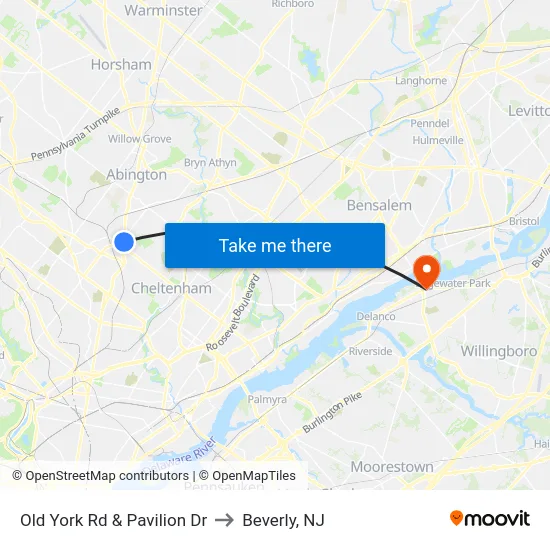 Old York Rd & Pavilion Dr to Beverly, NJ map