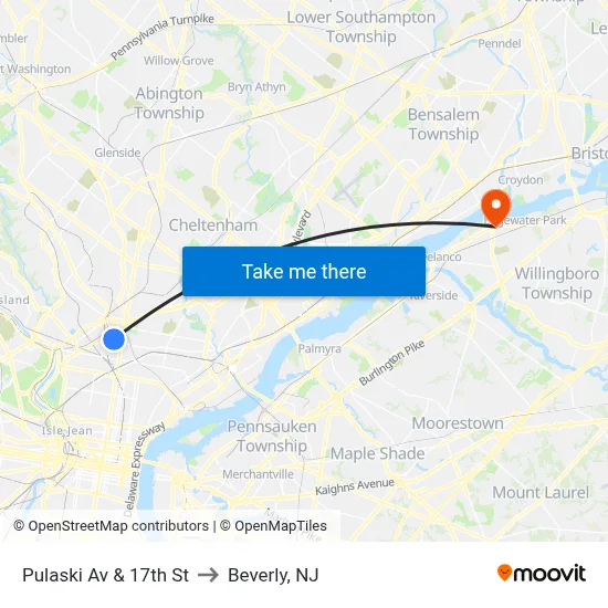 Pulaski Av & 17th St to Beverly, NJ map