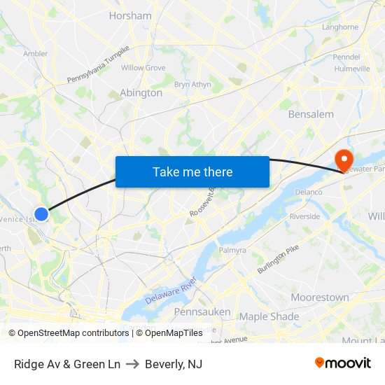 Ridge Av & Green Ln to Beverly, NJ map