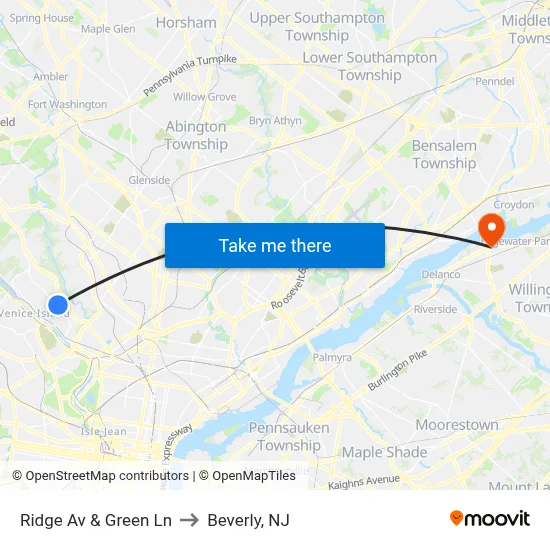 Ridge Av & Green Ln to Beverly, NJ map