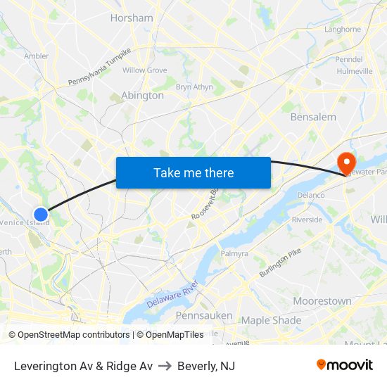 Leverington Av & Ridge Av to Beverly, NJ map