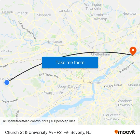 Church St & University Av - FS to Beverly, NJ map