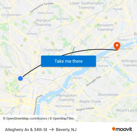 Allegheny Av & 34th St to Beverly, NJ map