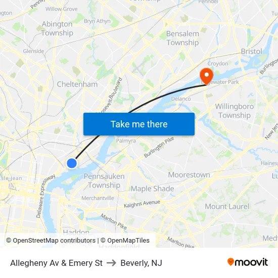 Allegheny Av & Emery St to Beverly, NJ map