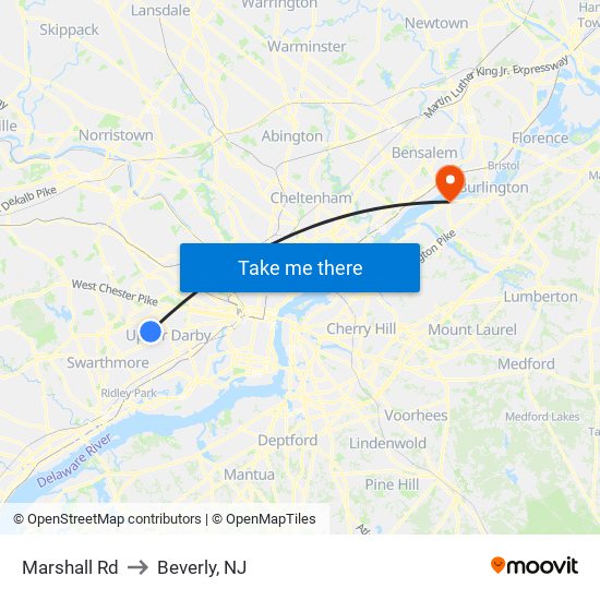 Marshall Rd to Beverly, NJ map