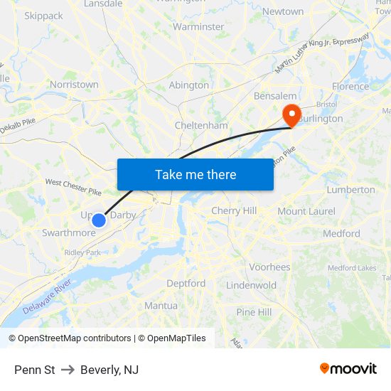 Penn St to Beverly, NJ map