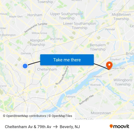 Cheltenham Av & 79th Av to Beverly, NJ map