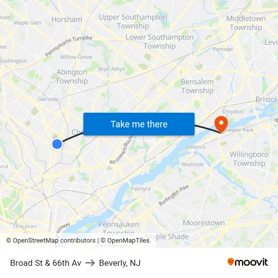Broad St & 66th Av to Beverly, NJ map