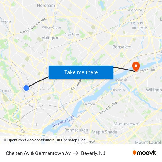 Chelten Av & Germantown Av to Beverly, NJ map