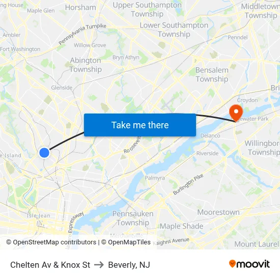 Chelten Av & Knox St to Beverly, NJ map