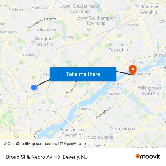 Broad St & Nedro Av to Beverly, NJ map