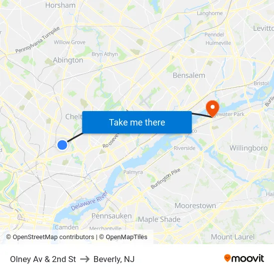 Olney Av & 2nd St to Beverly, NJ map