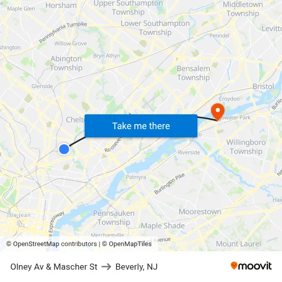 Olney Av & Mascher St to Beverly, NJ map